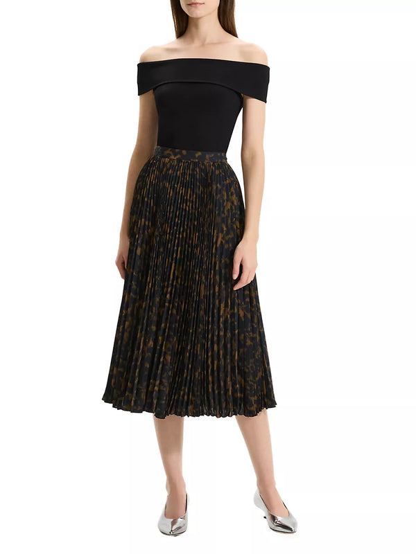 Theory Pleated Midi Skirt in Tortoiseshell Printed Georgette - Dark Brown Multi