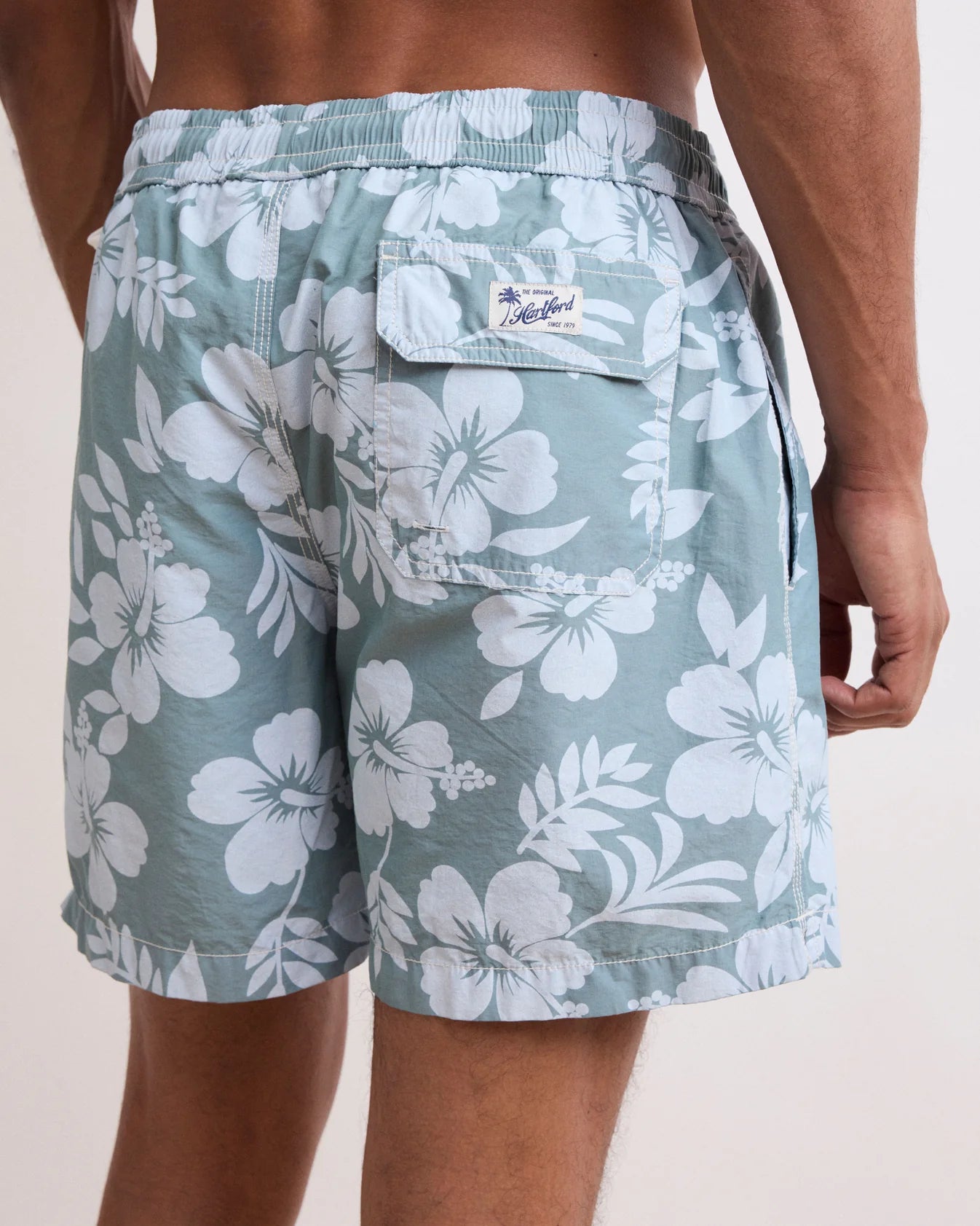 Hartford Men's Celadon Green Hibiscus Printed Swim Trunks