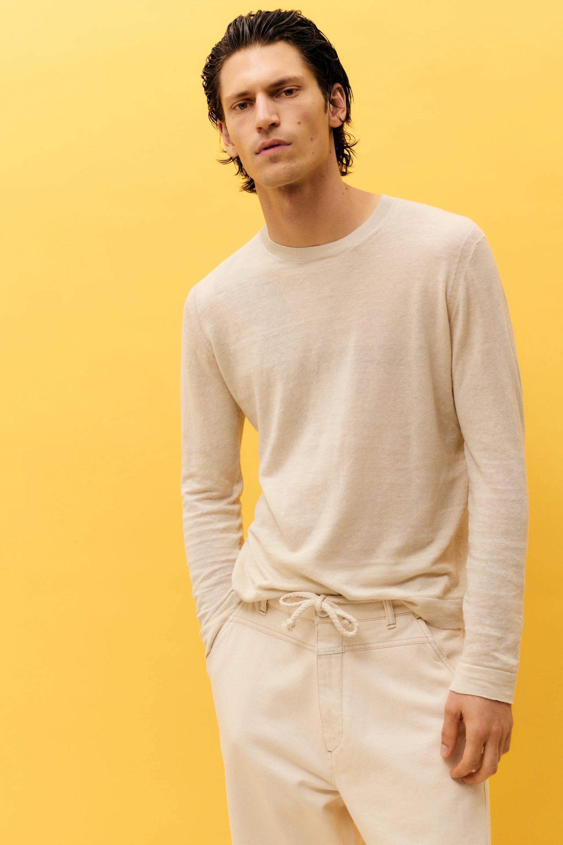 Closed Linen Blend Crew Neck Jumper - Lime Beige