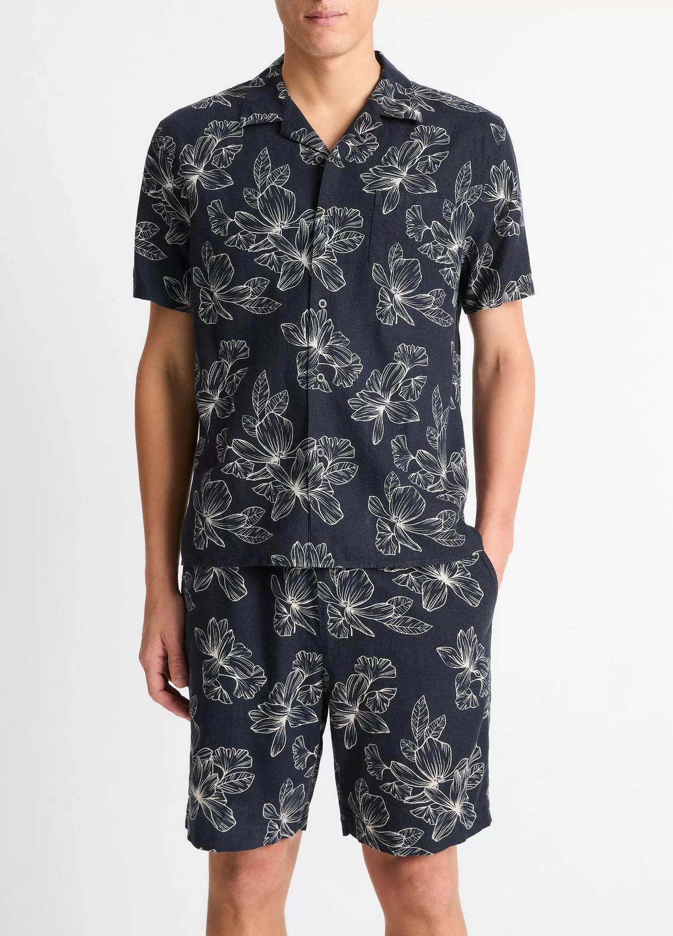 Vince Line Floral Linen-Blend Cabana Shirt