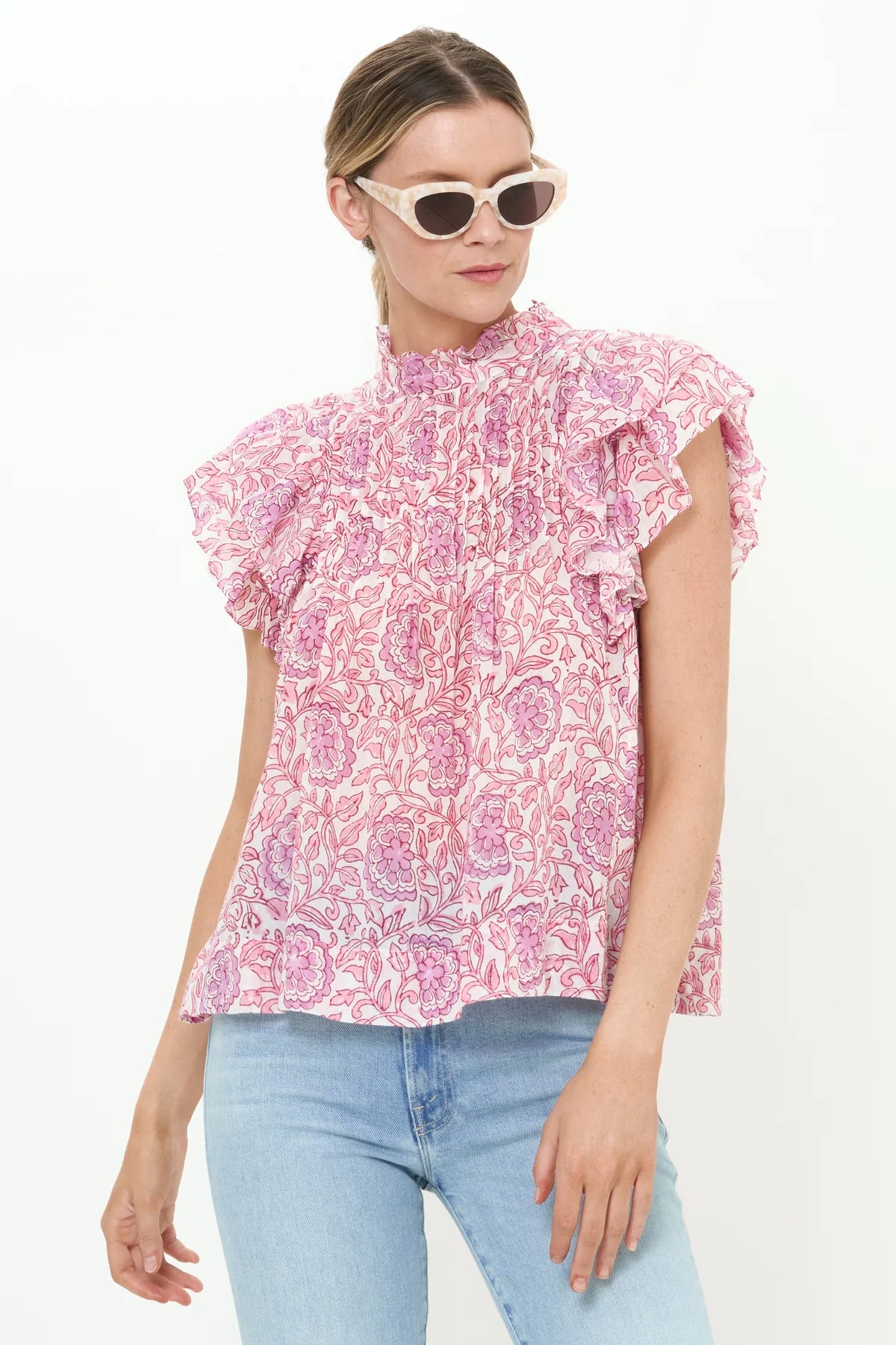 Oliphant Pintuck Ruffle Top- Malta Pink