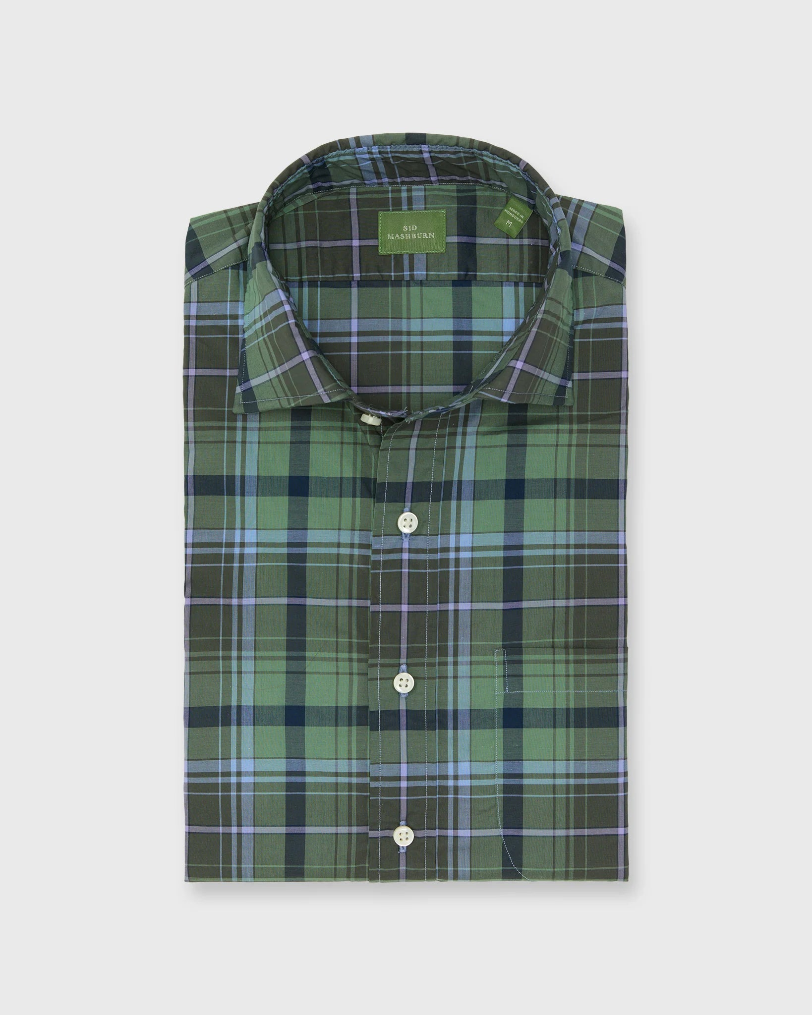 Sid Mashburn Spread Collar Sport Shirt Olive/Navy/Lavender Plaid Poplin