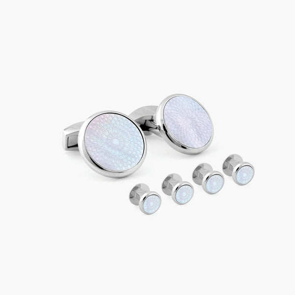Tateossian Rotondo Guilloche Stud Set with White Mother of Pearl in Stainless Steel