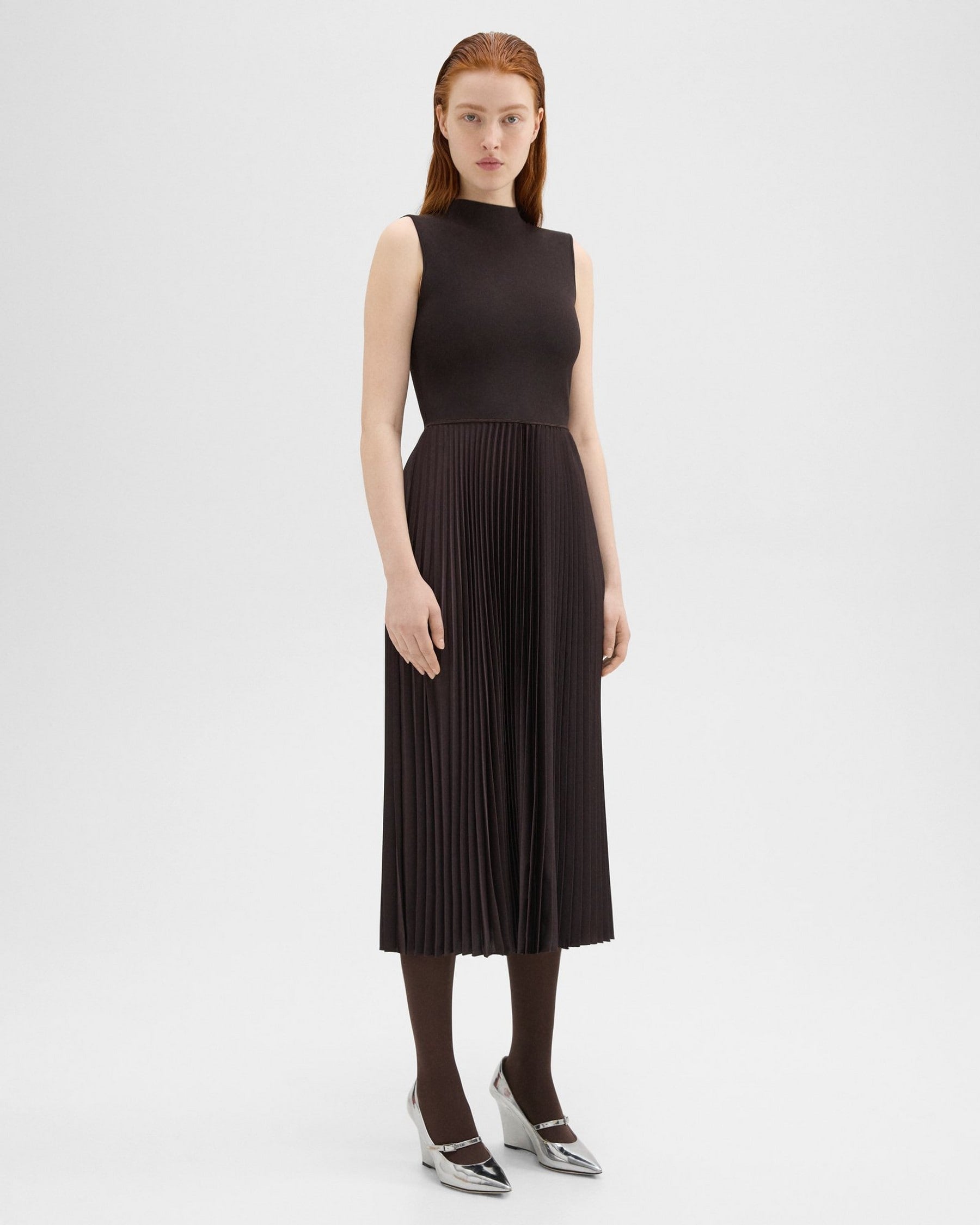 Theory Pleated Combo Dress in Textured Satin - Mink