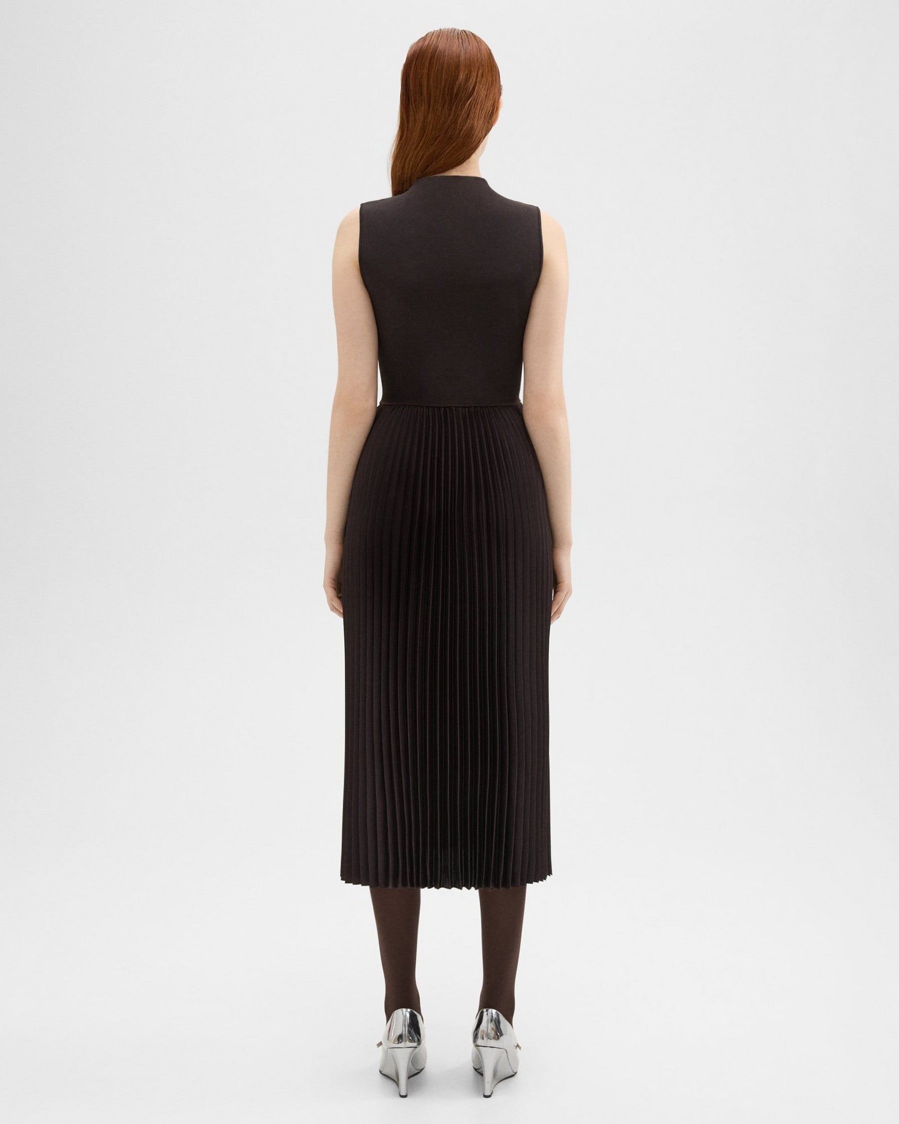 Theory Pleated Combo Dress in Textured Satin - Mink
