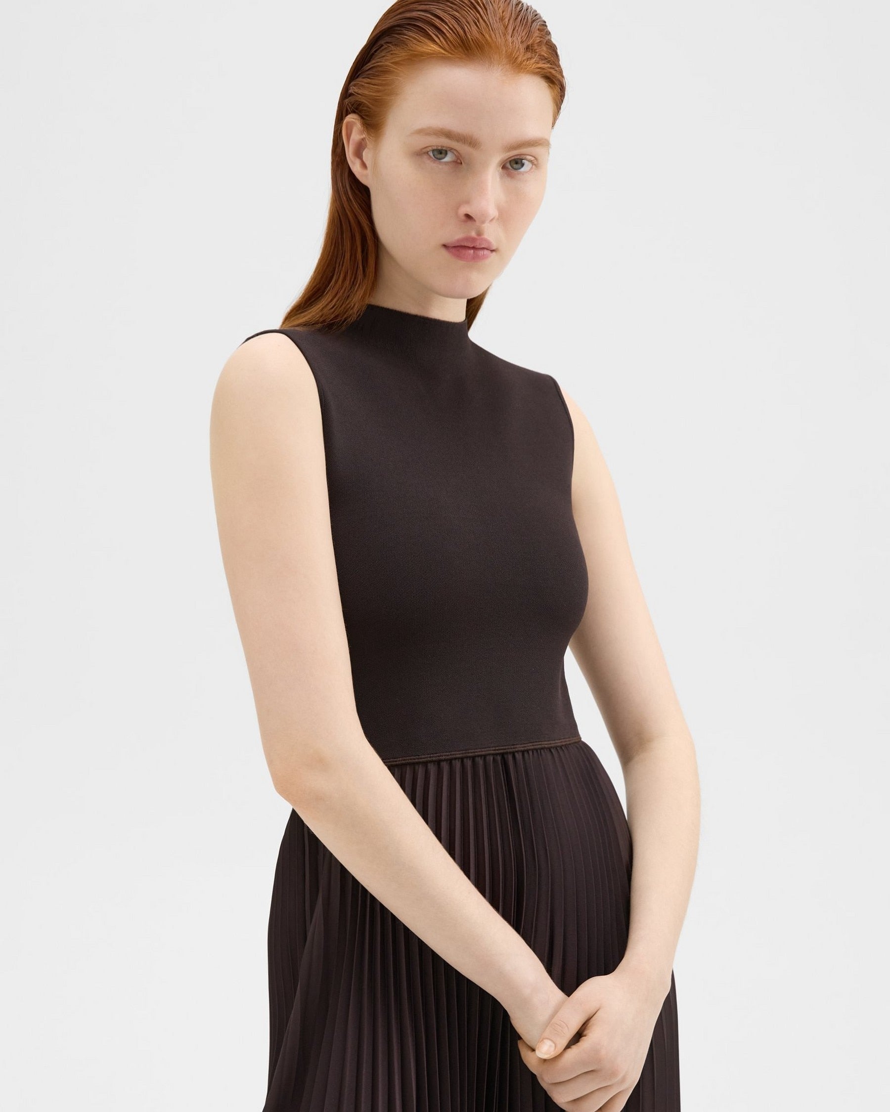 Theory Pleated Combo Dress in Textured Satin - Mink