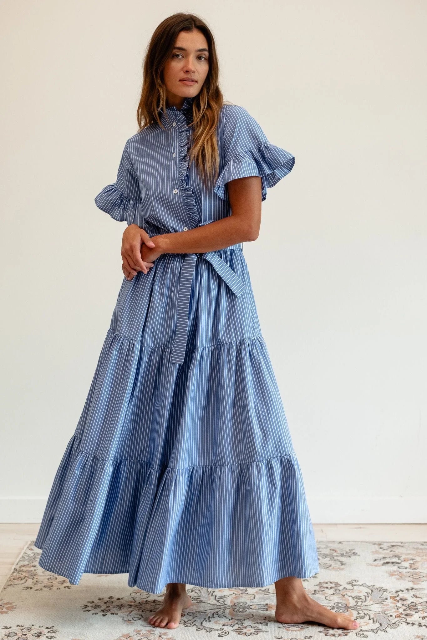 airy gauze empire waist midi dress in stripe Mille Victoria Dress