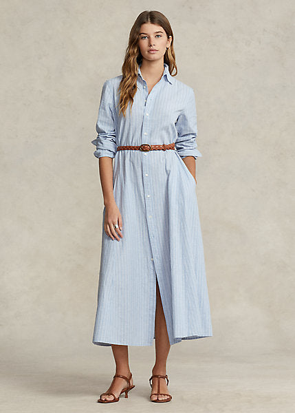 Polo Ralph Lauren Belted Striped Linen-Cotton Shirtdress