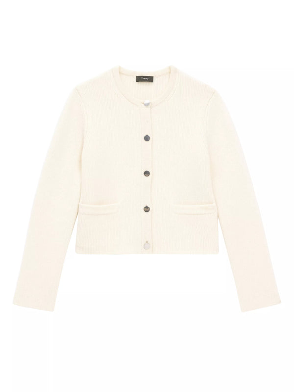 Theory Cropped Knit Jacket in Felted Wool-Cashmere - Ivory