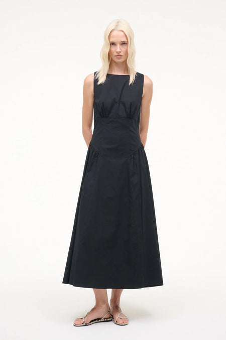 staud vincent dress black STAUD, Gwen in Black, Size 6 2 - 3” / 5 - 7.6 cm Mid Heel length balloon sleeves and Fiorela Go-To Mid Heel Choose Your Fabric Type:Polyester Interlock 58” 100%