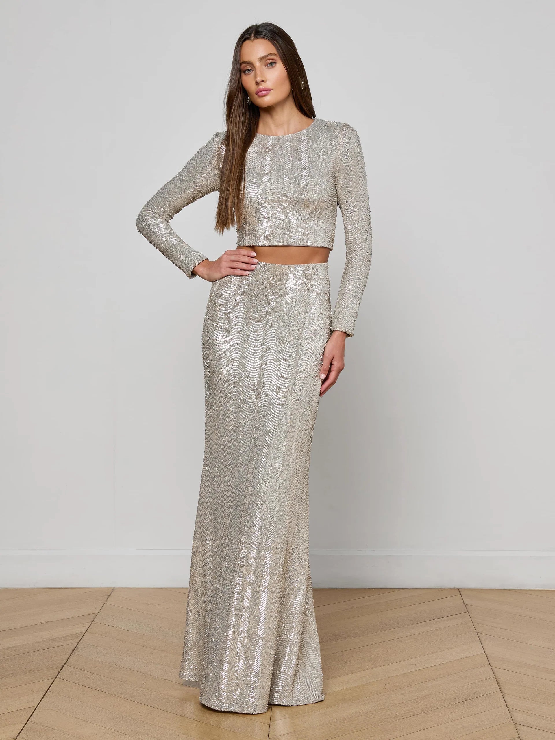 L'Agence Zeta Sequin Maxi Skirt - Silver Sequin Swirl