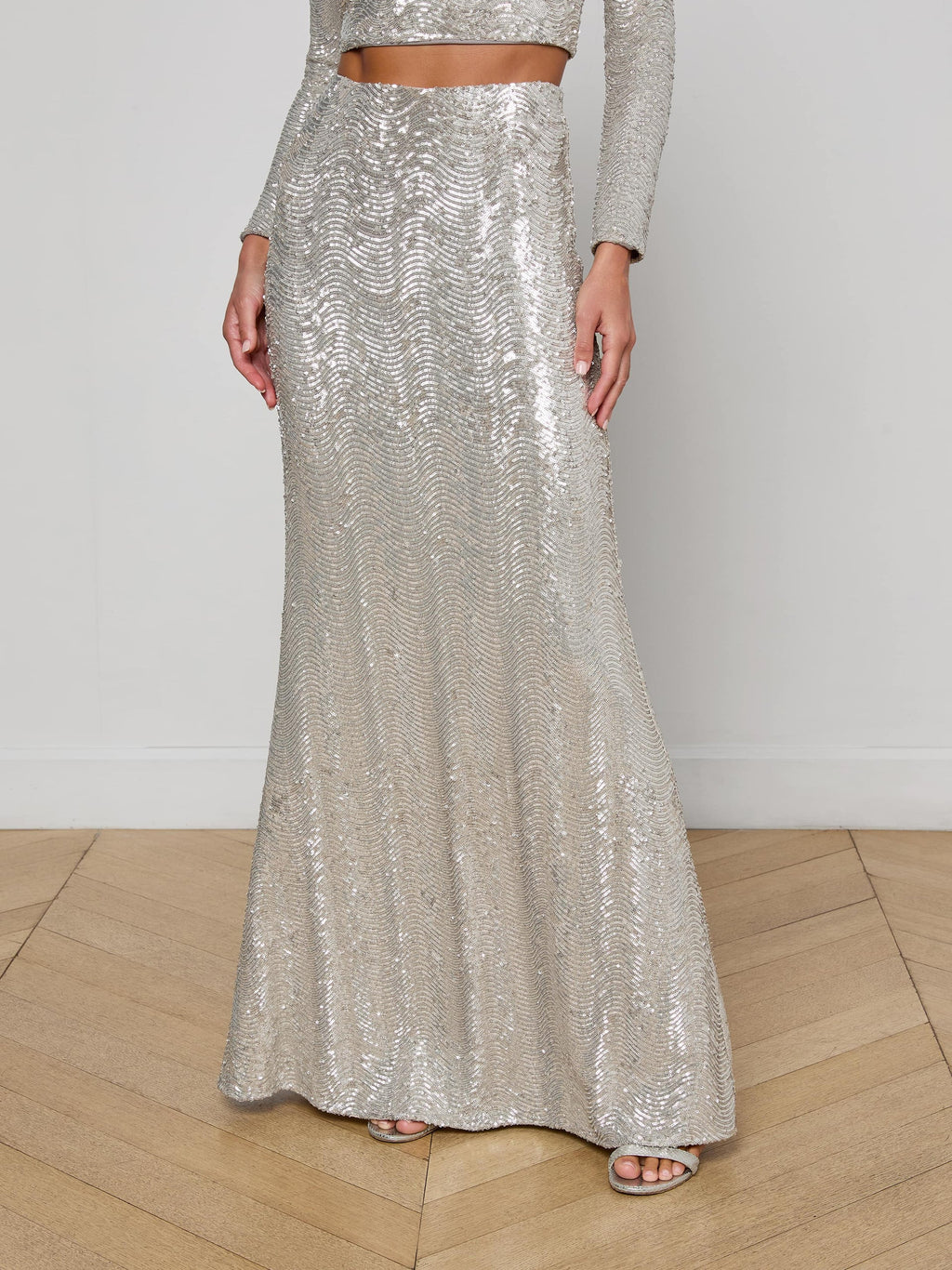 L'Agence Zeta Sequin Maxi Skirt - Silver Sequin Swirl