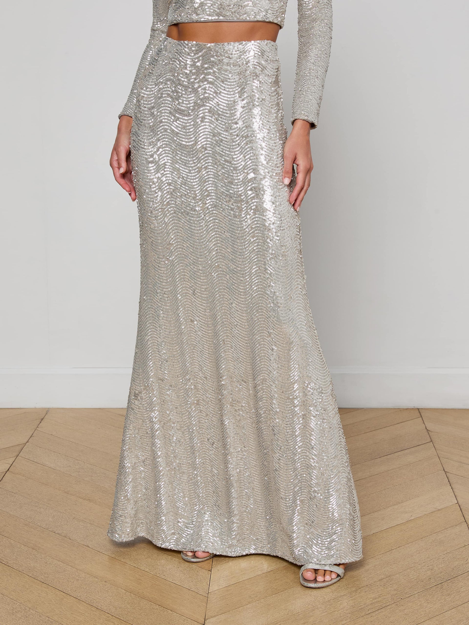 L'Agence Zeta Sequin Maxi Skirt - Silver Sequin Swirl