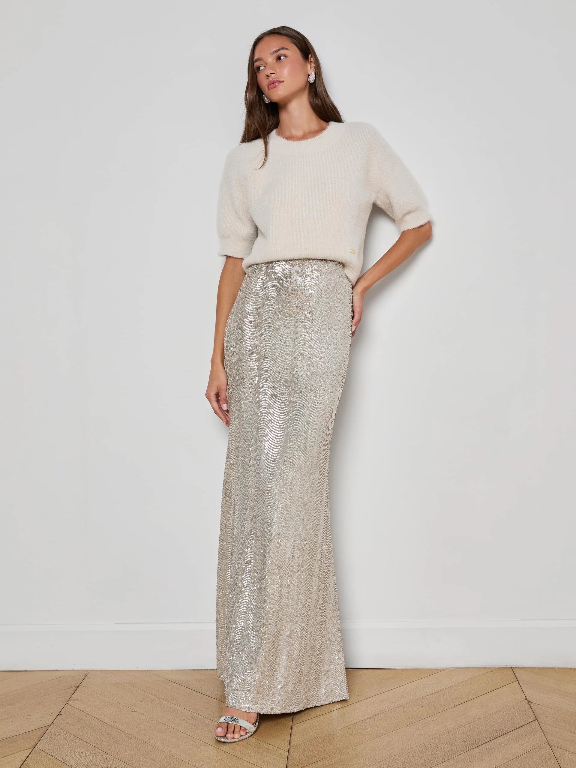 L'Agence Zeta Sequin Maxi Skirt - Silver Sequin Swirl
