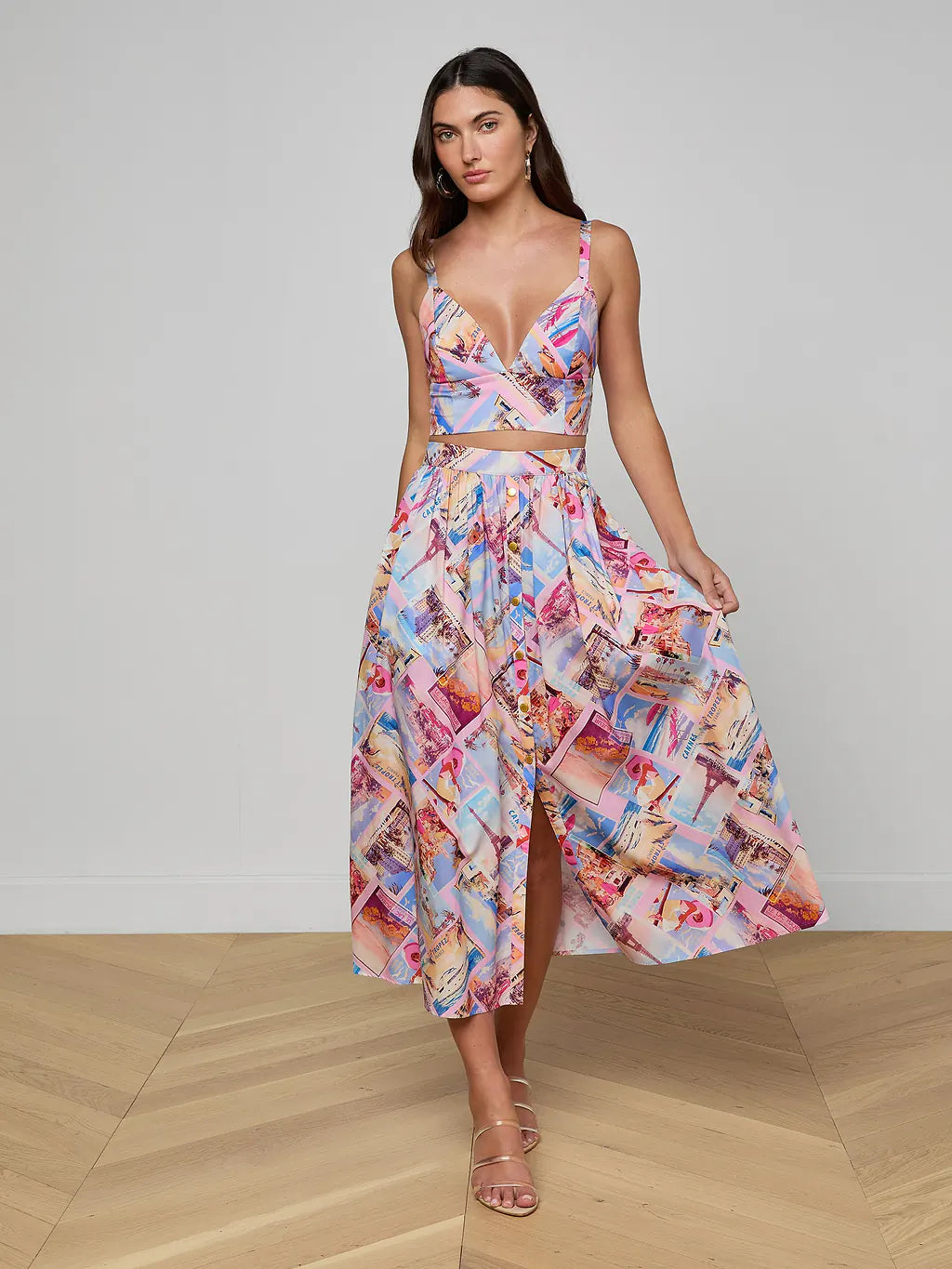 L'Agence Seina Poplin Midi Skirt - Light Pink Multi Small Postcard Print