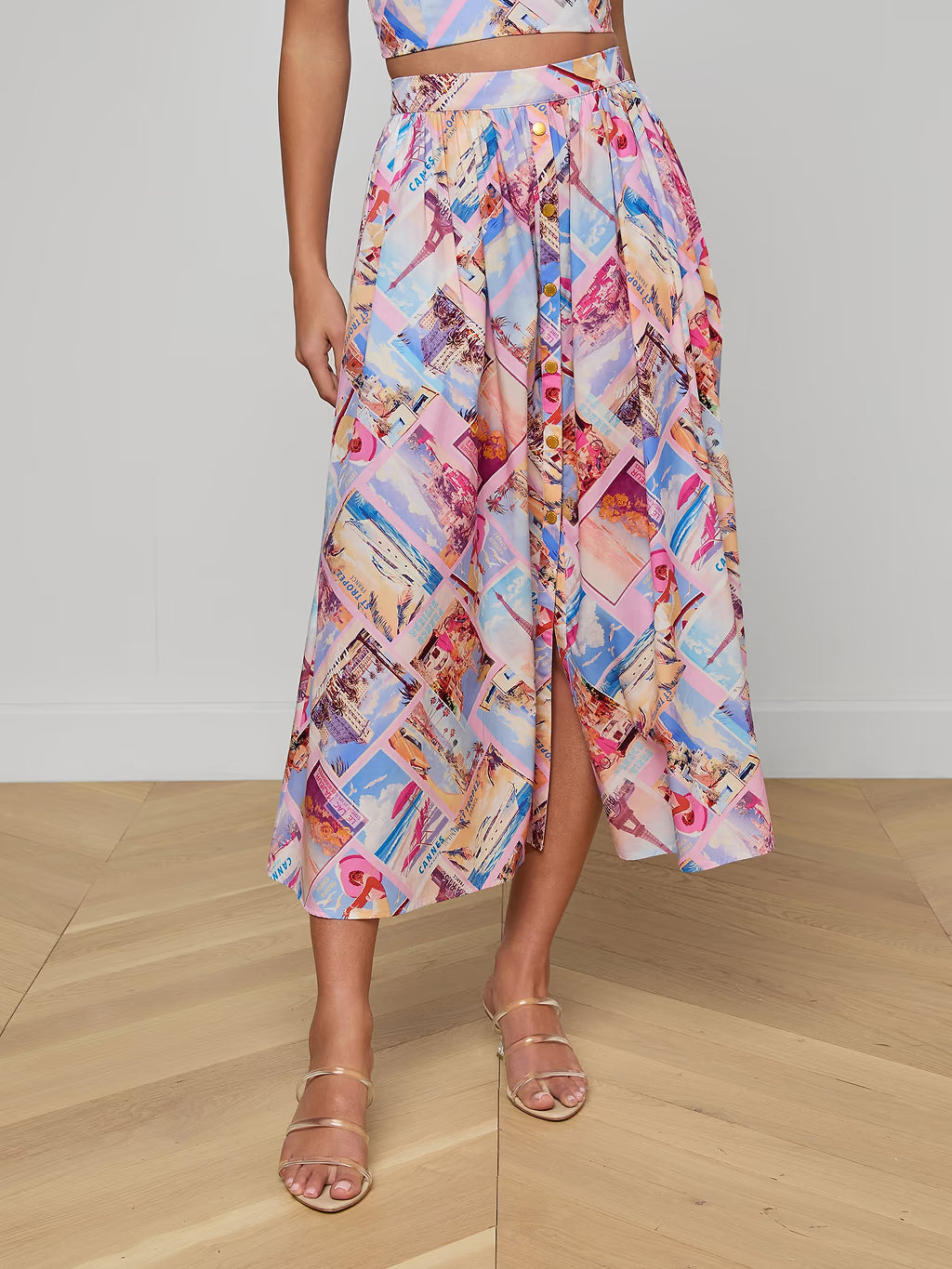L'Agence Seina Poplin Midi Skirt - Light Pink Multi Small Postcard Print