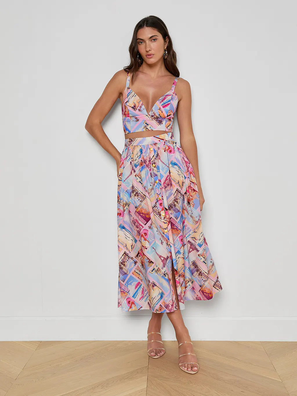 L'Agence Seina Poplin Midi Skirt - Light Pink Multi Small Postcard Print