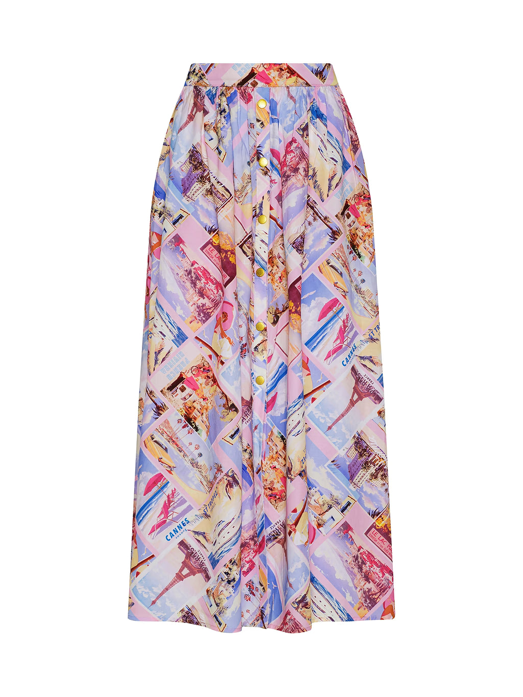 L'Agence Seina Poplin Midi Skirt - Light Pink Multi Small Postcard Print