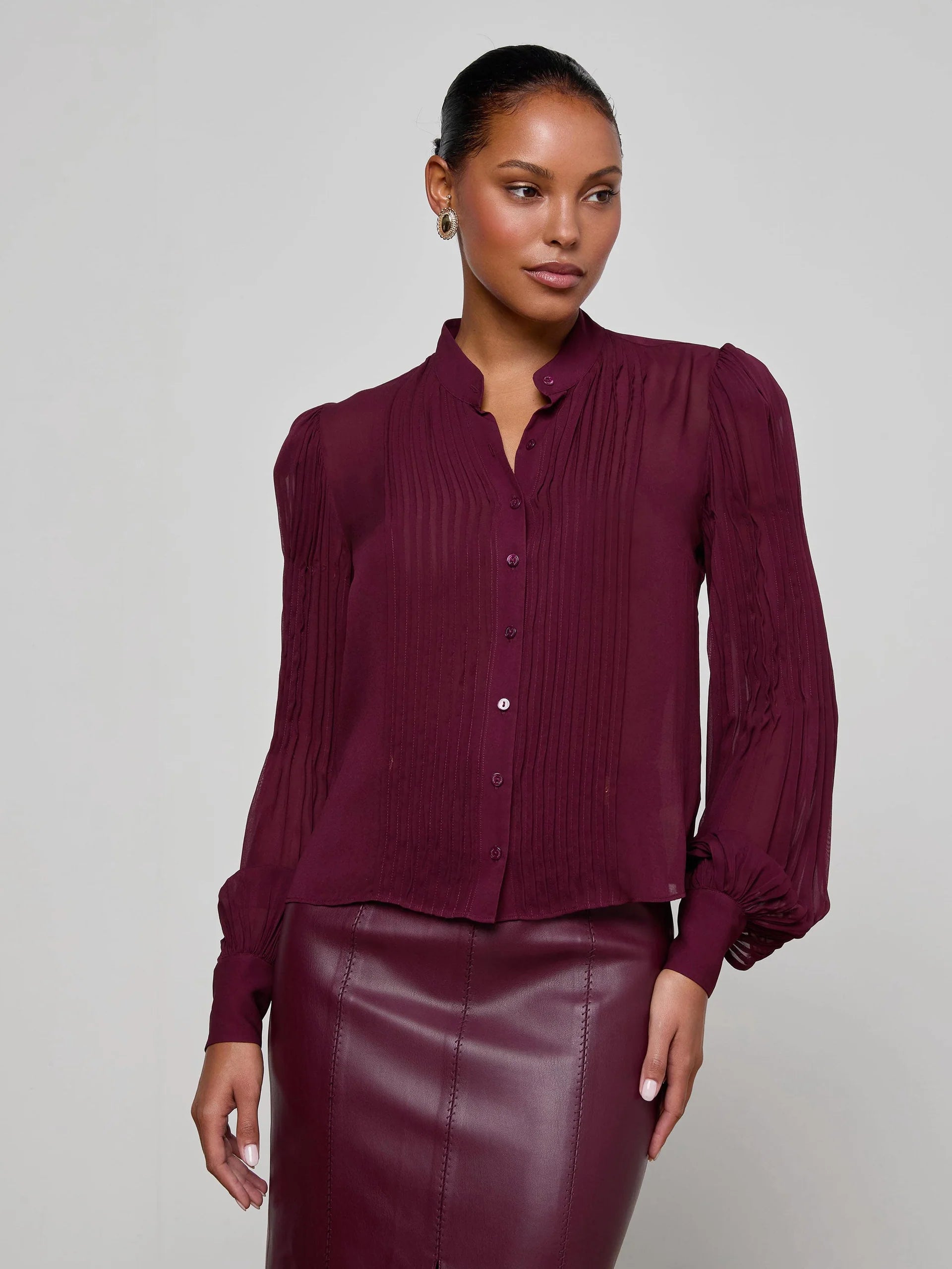 L'Agence Noor Pleated Blouse - Dark Port