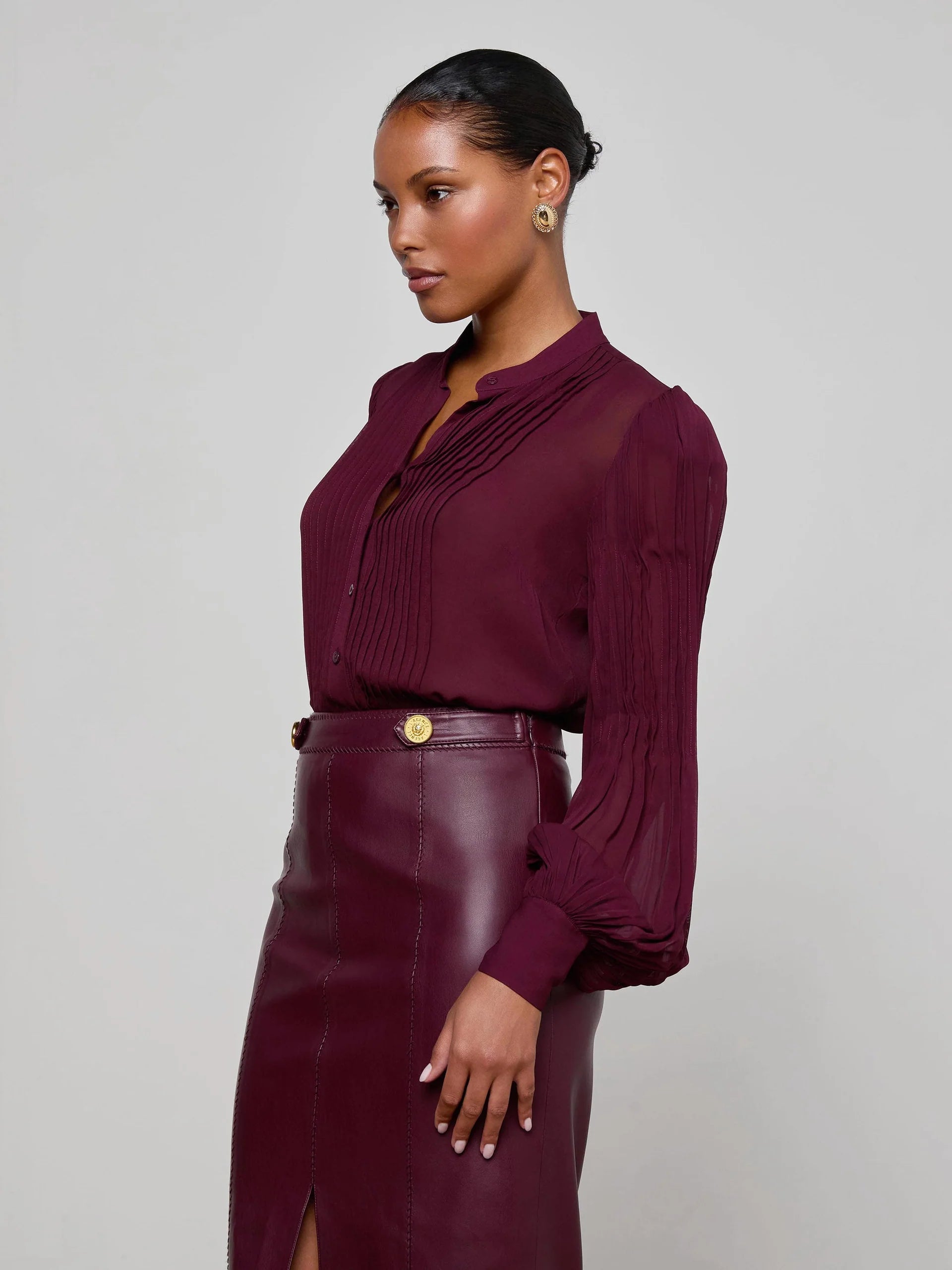 L'Agence Noor Pleated Blouse - Dark Port