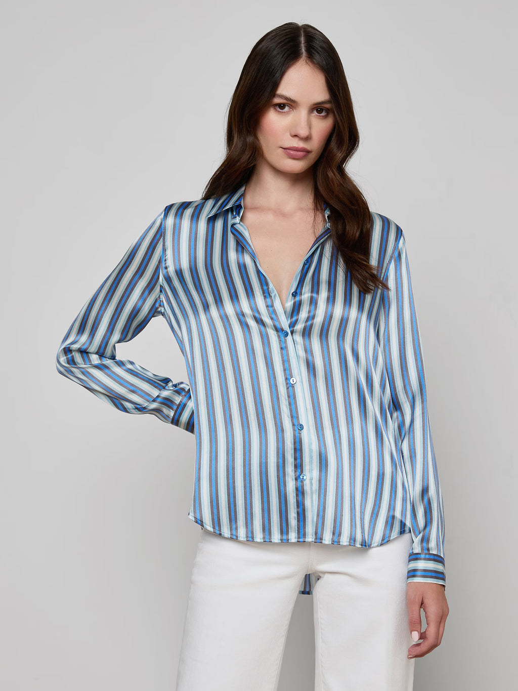 L'Agence Tyler Silk Blouse  - Blue Multi Herringbone Stripe