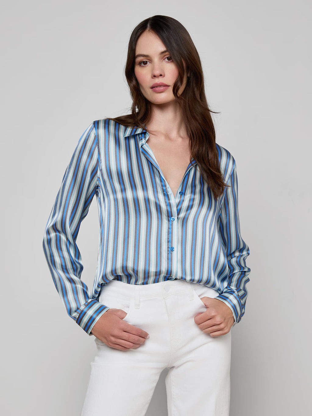 L'Agence Tyler Silk Blouse  - Blue Multi Herringbone Stripe