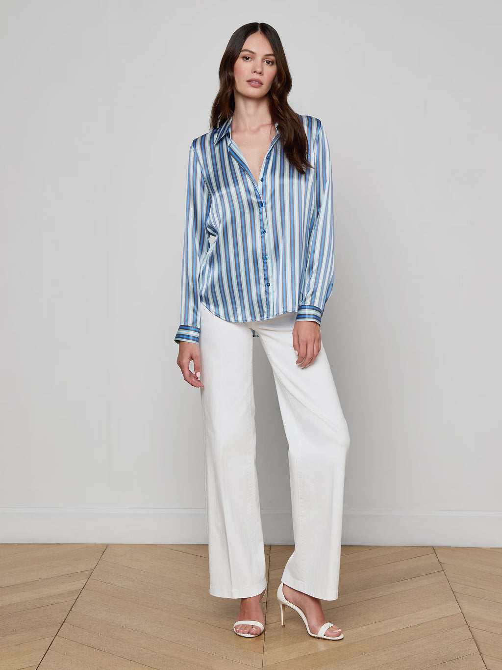 L'Agence Tyler Silk Blouse  - Blue Multi Herringbone Stripe