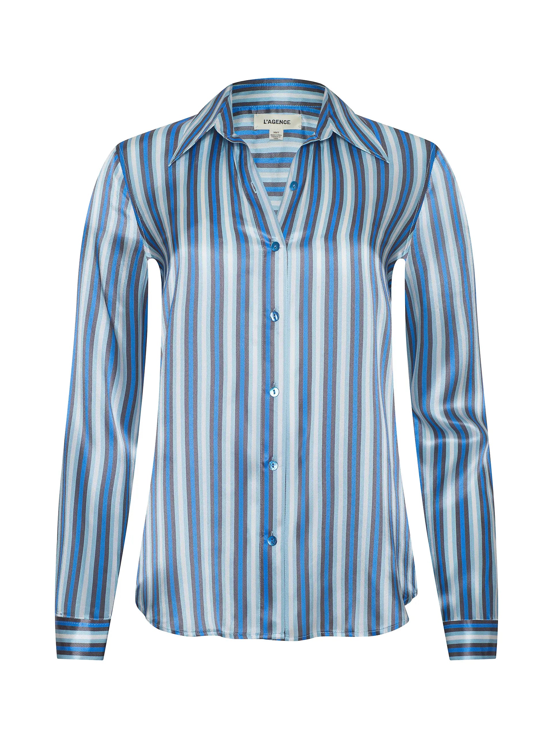 L'Agence Tyler Silk Blouse  - Blue Multi Herringbone Stripe