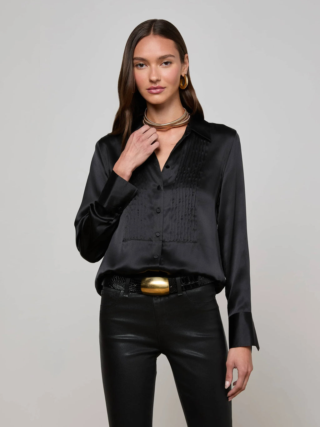 L'Agence Divya Pintuck Silk Shirt - Black