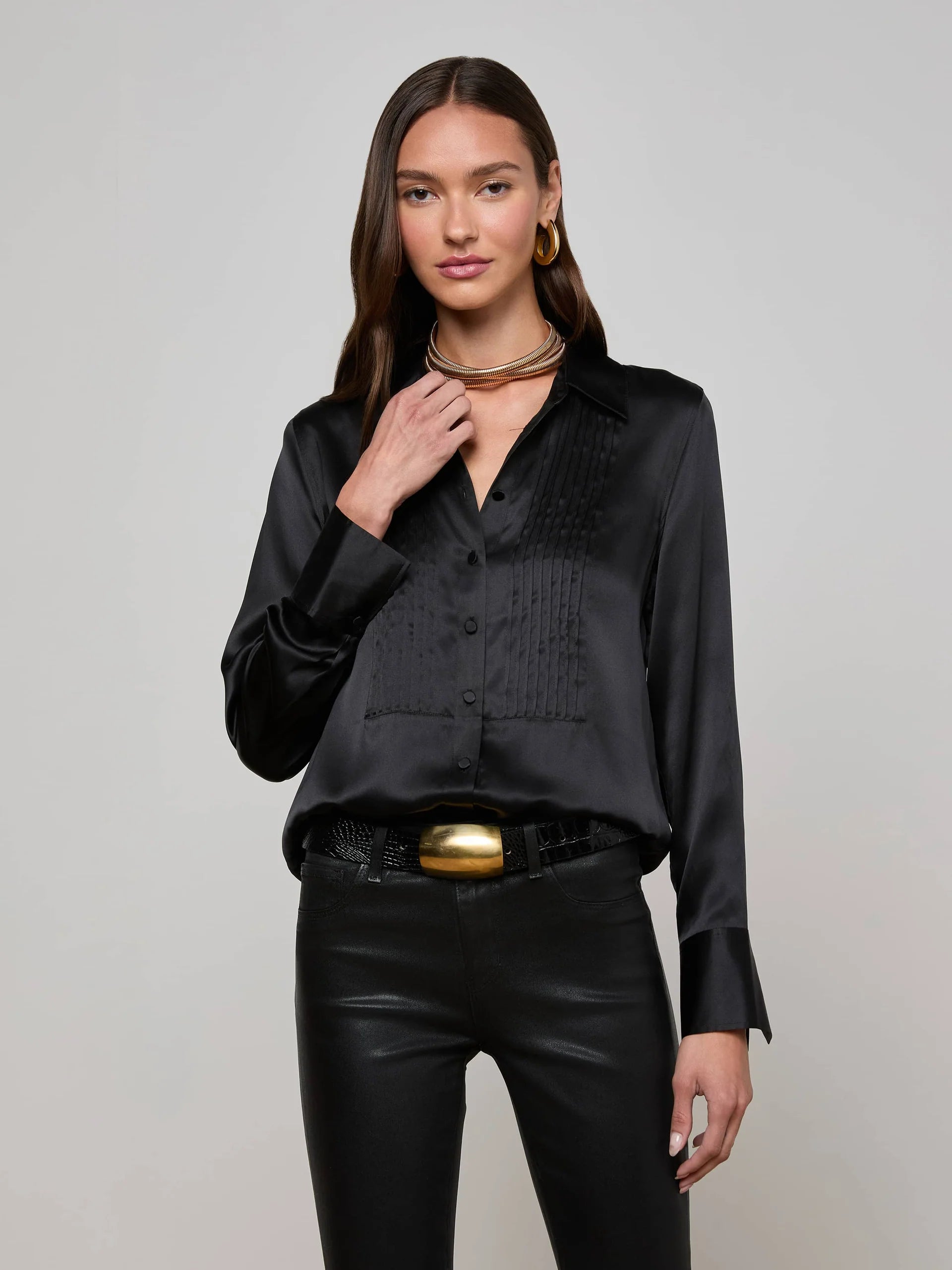 L'Agence Divya Pintuck Silk Shirt - Black