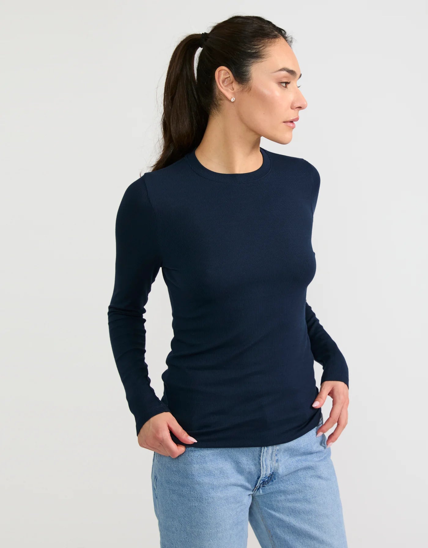 Maison Wheat Chicago Ribbed Long Sleeve  - Navy