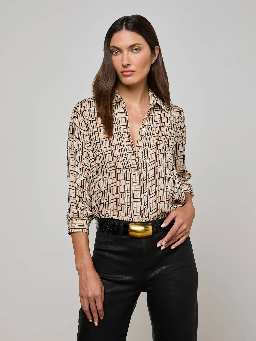 L'Agence Nina Silk Blouse - Ecru Multi Geo Print