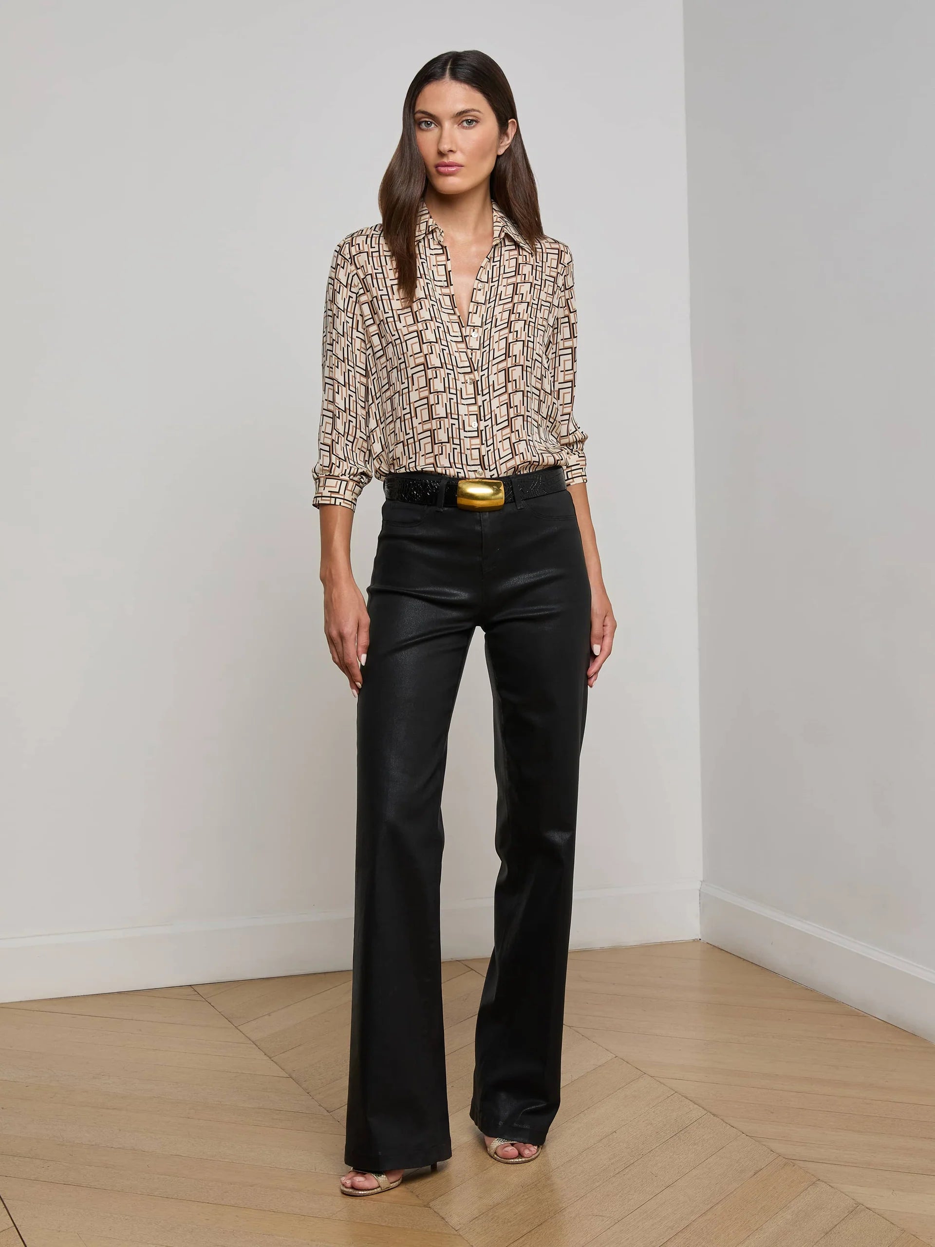 L'Agence Nina Silk Blouse - Ecru Multi Geo Print