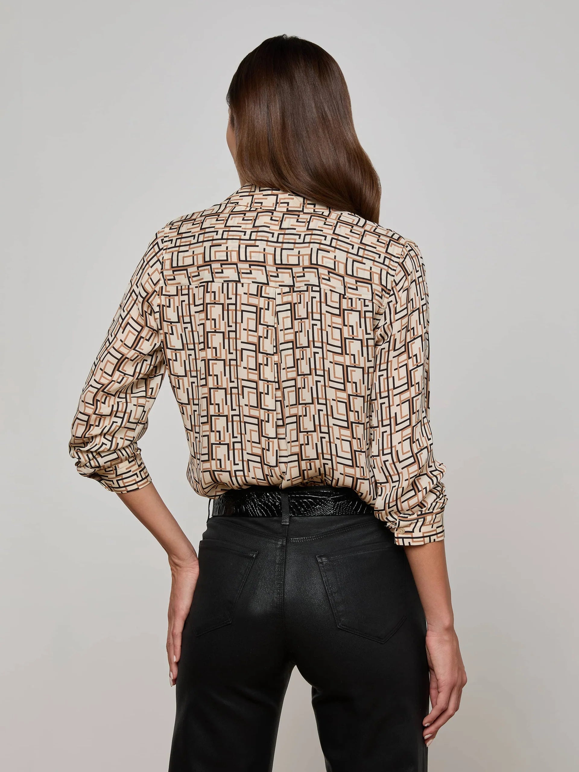 L'Agence Nina Silk Blouse - Ecru Multi Geo Print
