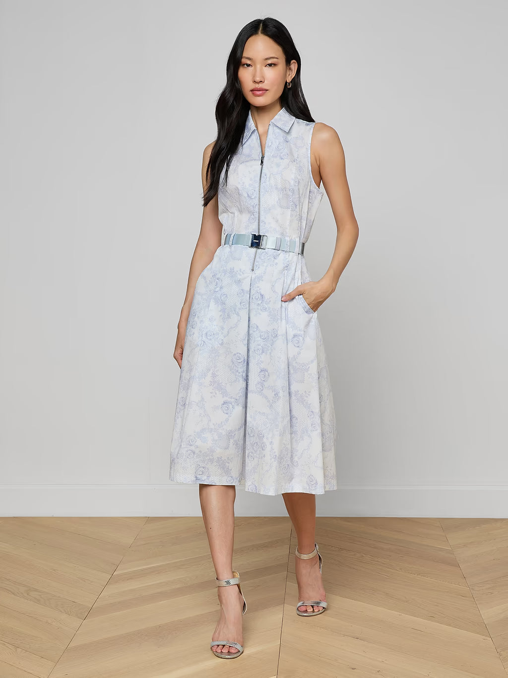 L'Agence Kylo Shirt Dress - Ivory/Pale Mist Blue Lace Print