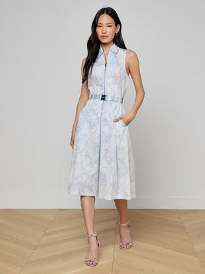 L'Agence Kylo Shirt Dress - Ivory/Pale Mist Blue Lace Print