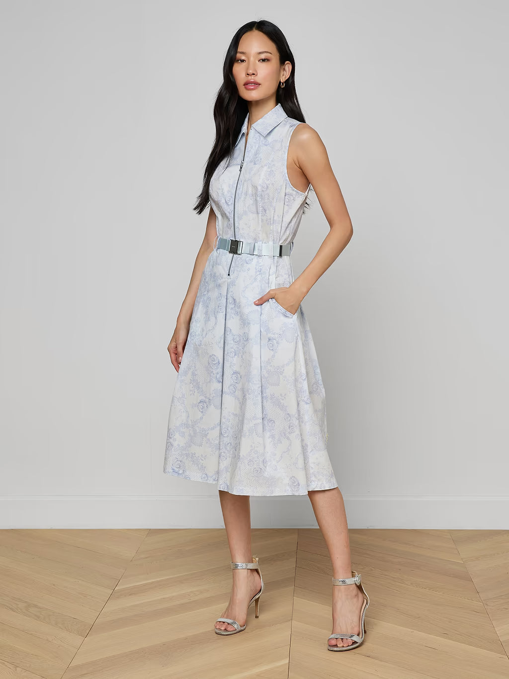 L'Agence Kylo Shirt Dress - Ivory/Pale Mist Blue Lace Print