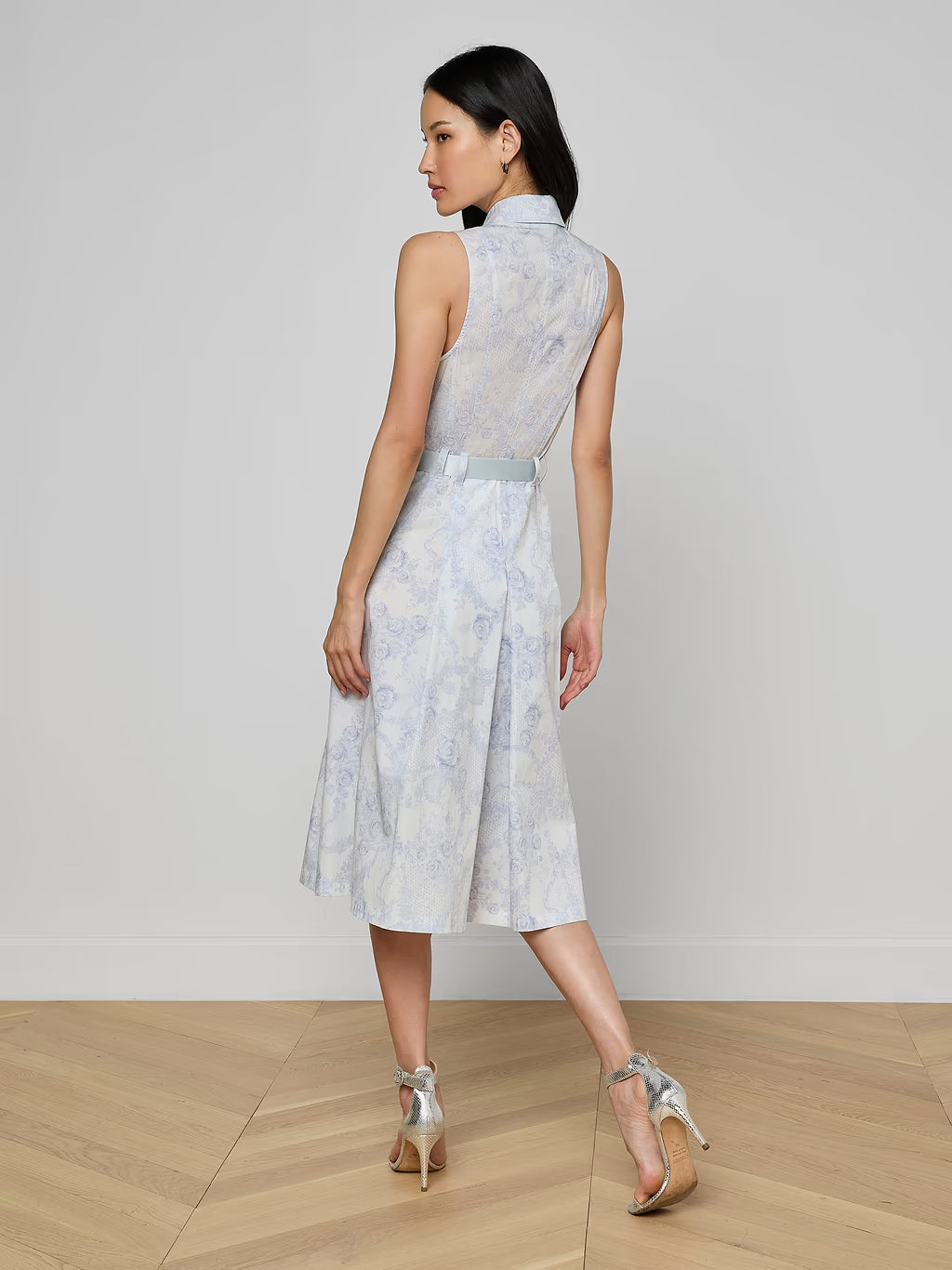 L'Agence Kylo Shirt Dress - Ivory/Pale Mist Blue Lace Print
