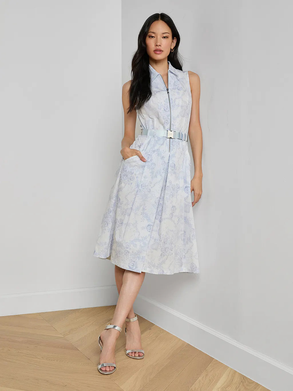 L'Agence Kylo Shirt Dress - Ivory/Pale Mist Blue Lace Print