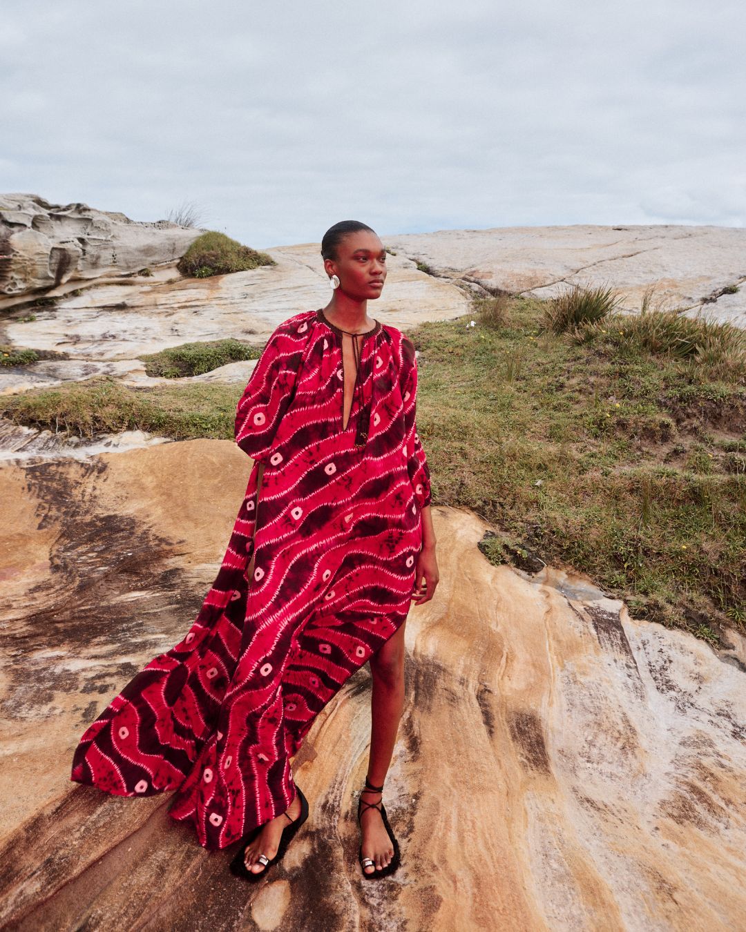 Ilio Nema Olive Hand Dyed Silk Caftan - Red Tie-Dye