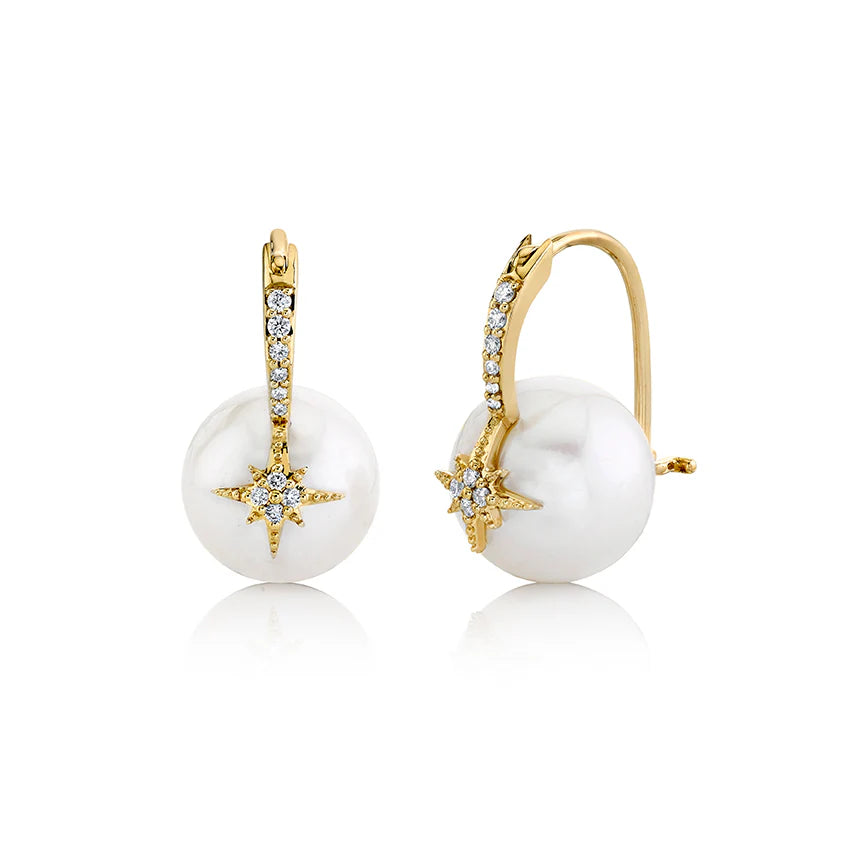 Sydney Evan Gold & Diamond Starburst Pearl Bead Earrings 12mm