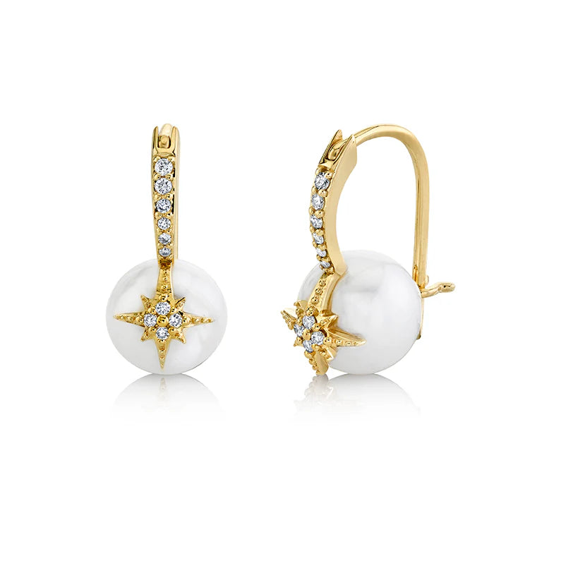 Sydney Evan Gold & Diamond Starburst Pearl Bead Earrings 12mm