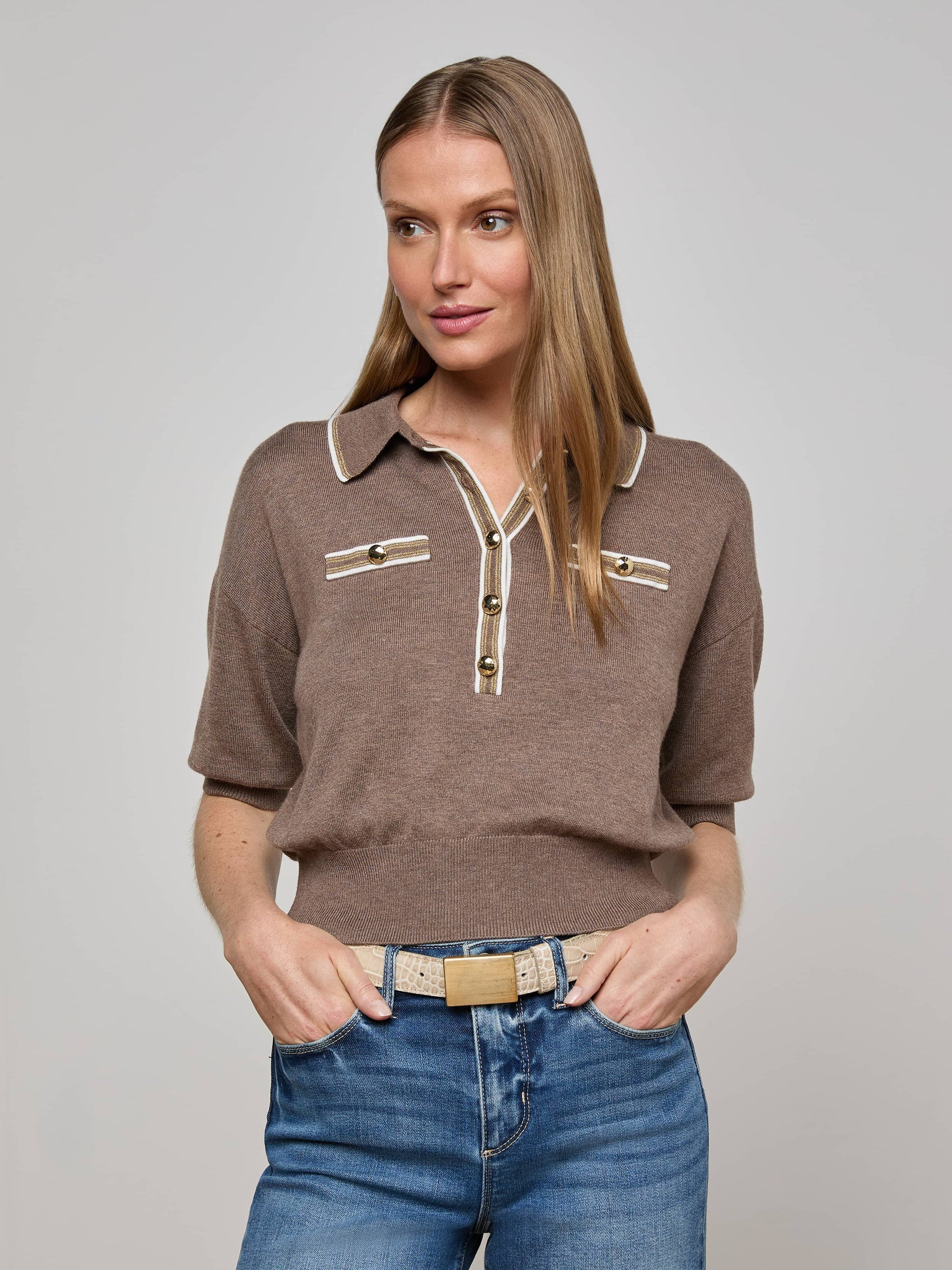 L'Agence Masaki Cropped Sweater - Deep Taupe/Ivory/Gold