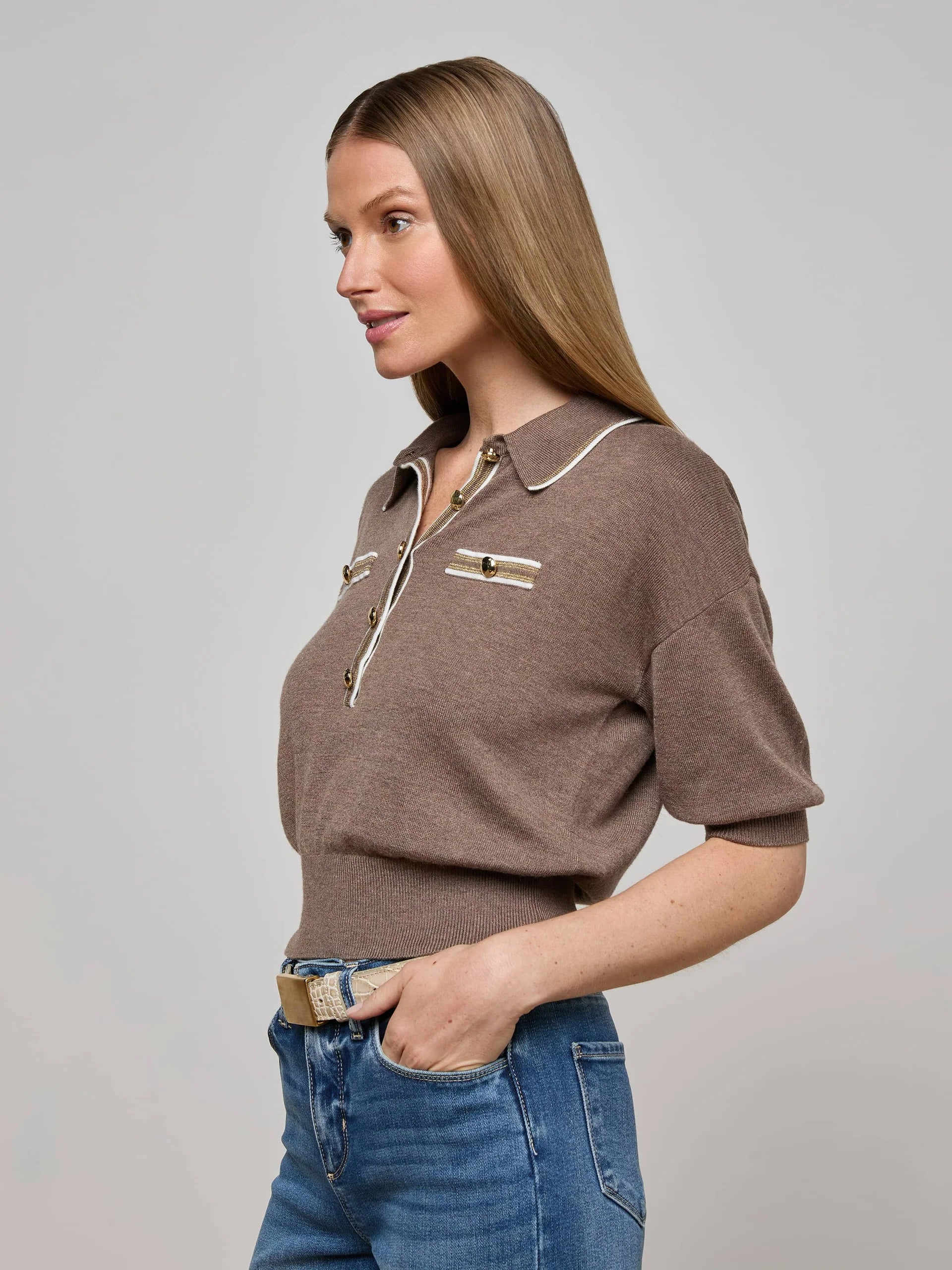 L'Agence Masaki Cropped Sweater - Deep Taupe/Ivory/Gold
