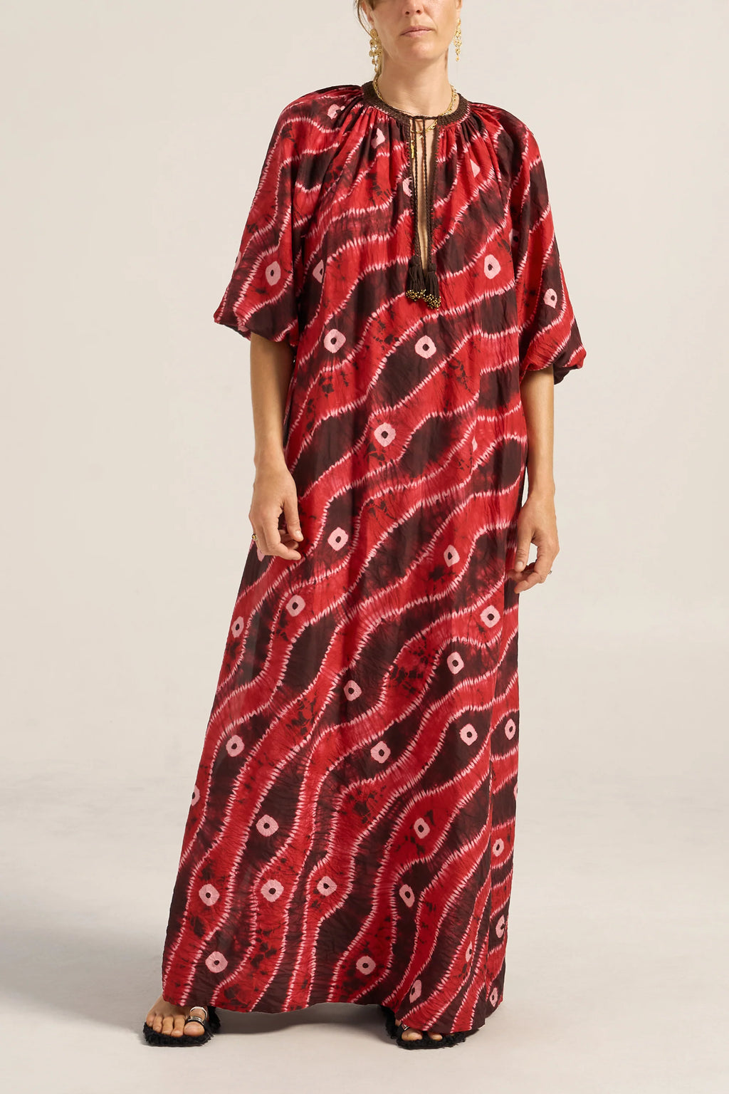 Ilio Nema Olive Hand Dyed Silk Caftan - Red Tie-Dye