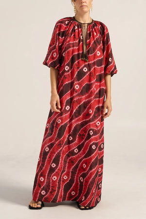 Ilio Nema Olive Hand Dyed Silk Caftan - Red Tie-Dye