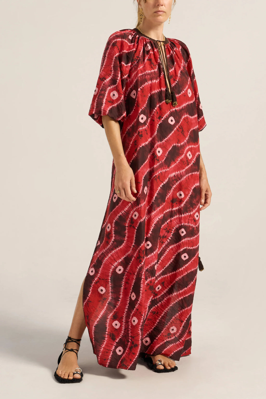 Ilio Nema Olive Hand Dyed Silk Caftan - Red Tie-Dye