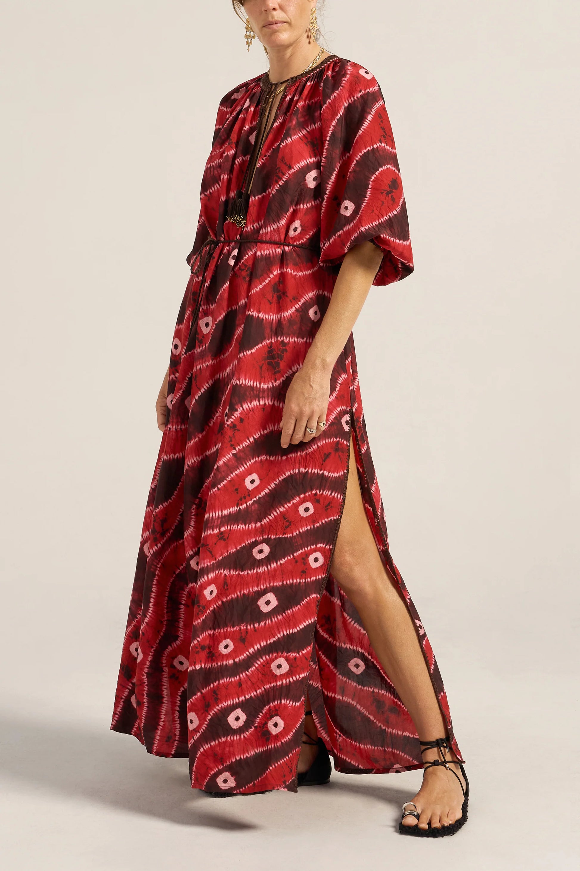 Ilio Nema Olive Hand Dyed Silk Caftan - Red Tie-Dye