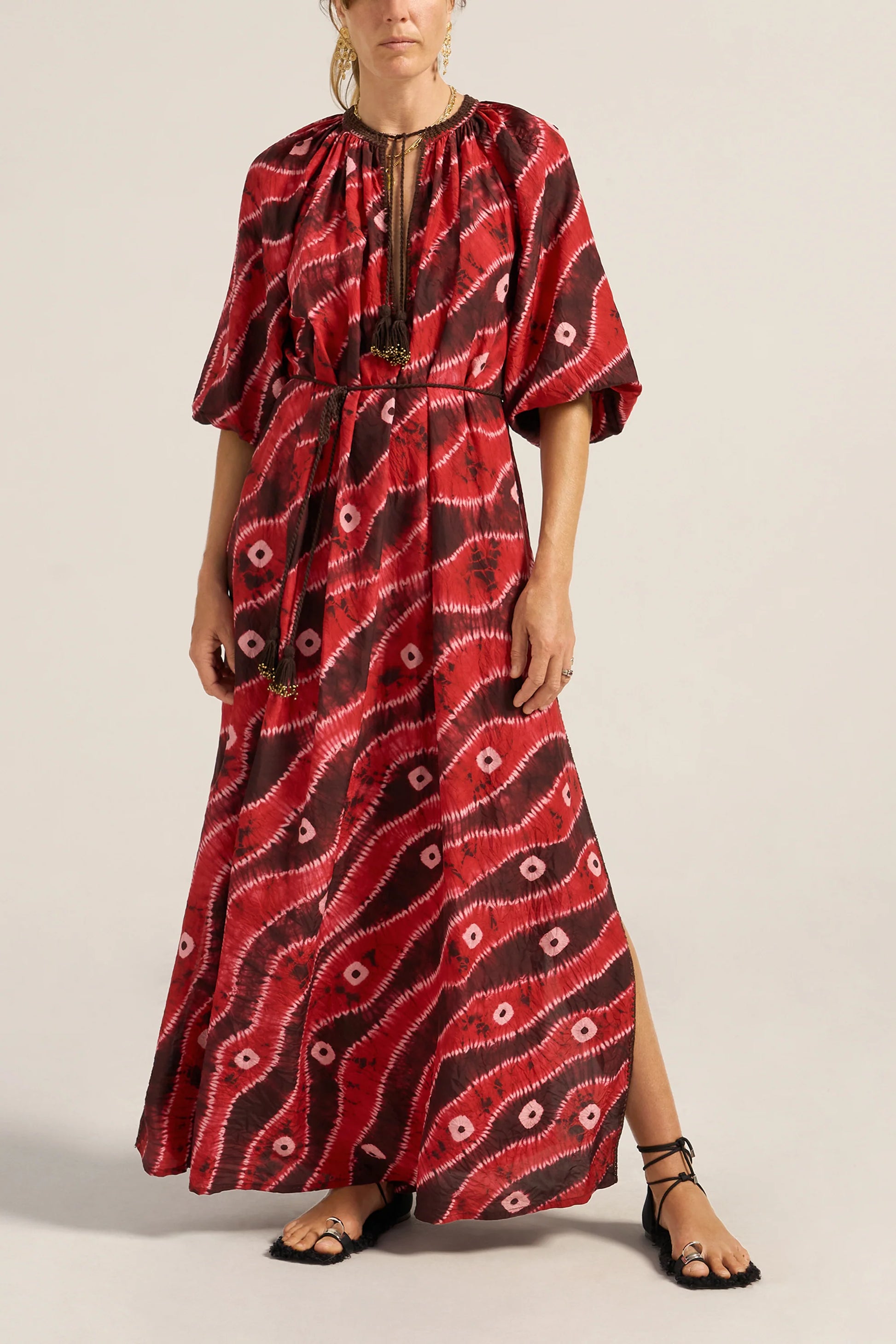 Ilio Nema Olive Hand Dyed Silk Caftan - Red Tie-Dye