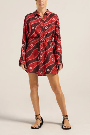 Ilio Nema Arion Hand Dyed Silk Shirtdress - Red Tie-Dye